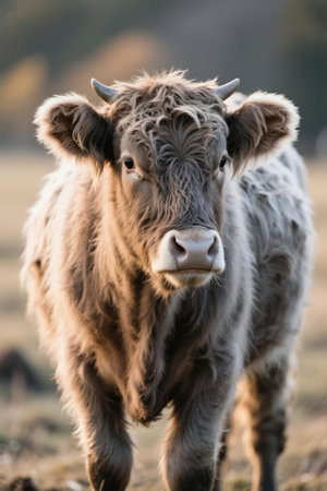 Portrait of a cow in the meadow in the morning lightの素材