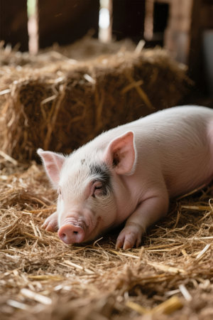 Newborn piglet lying on the straw in the barn, verticalの素材