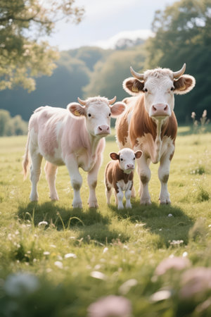 Cows and calves in a meadow in summer, UK.の素材