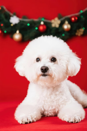 White Bichon Frise dog with christmas decoration on red backgroundの素材