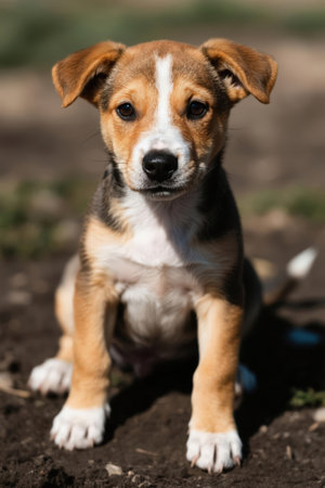Close up portrait of a cute purebred puppy dog outdoors in the nature on a sunny day.の素材