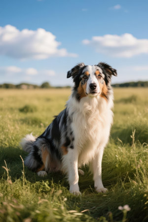 Australian shepherd dog standing in the field and looking at the camera.の素材