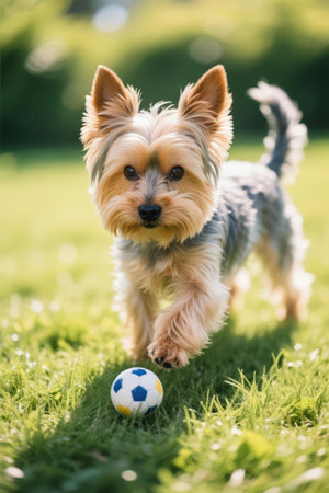 Yorkshire Terrier dog playing with a ball on the green grassの素材