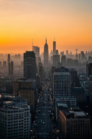 New York City skyline at sunset with urban skyscrapers, USA.の素材