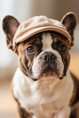 Portrait of a French Bulldog wearing a beige hat.の素材
