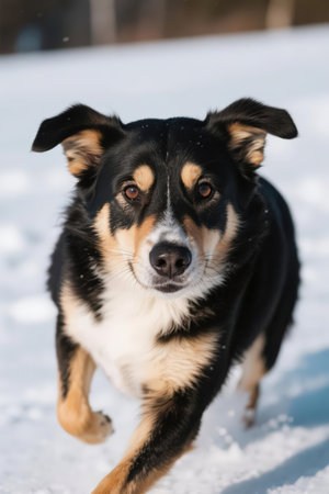 Portrait of a mixed breed dog running in the snow in winterの素材