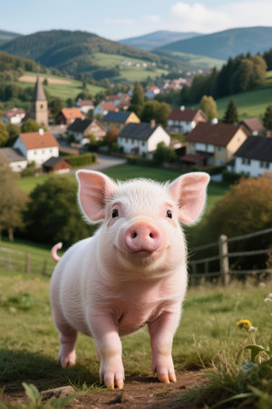 Piglet standing on the meadow in summer, Germany.の素材