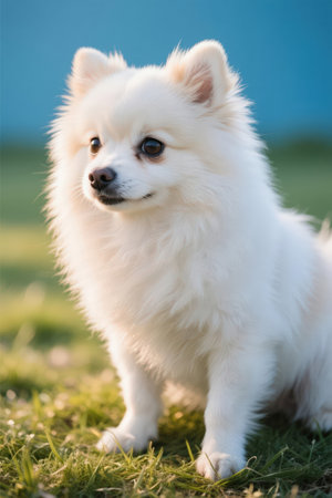 White Pomeranian Spitz dog sitting on the green grass.の素材
