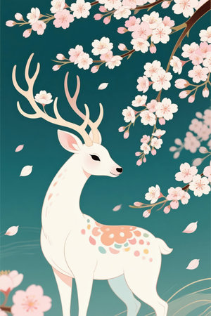 Illustration of a cute deer on a background of blooming sakuraの素材