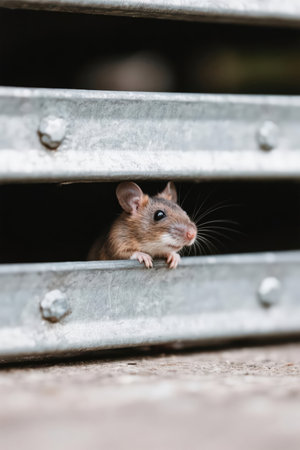 Brown rat in a cage on a background of a wooden fence.の素材