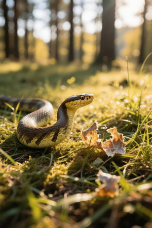 A closeup shot of a snake in the forest on a sunny dayの素材