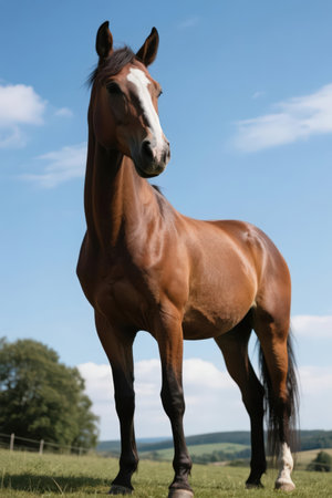 Beautiful bay stallion standing on pasturage and looking at cameraの素材