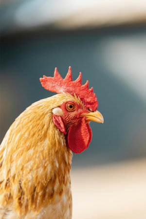 Portrait of a rooster on a farm, close-upの素材