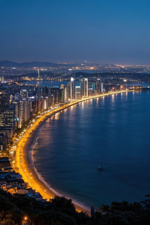 Aerial view of the city of Vladivostok at night, Russiaの素材