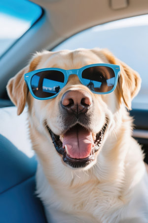 labrador retriever in sunglasses driving a car on a sunny dayの素材