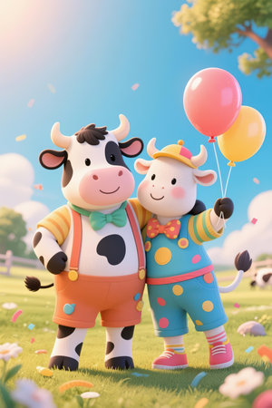 Cute cow and cow with balloons in the park. 3d renderingの素材