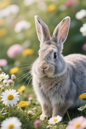 Cute little rabbit on a meadow with daisies.の素材
