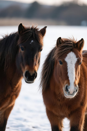Icelandic horses in winter, close-up portrait, selective focusの素材