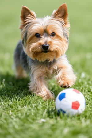 Yorkshire Terrier puppy playing with a soccer ball on the grassの素材
