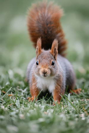 Squirrel in the grass looking for food. Shallow depth of field.の素材