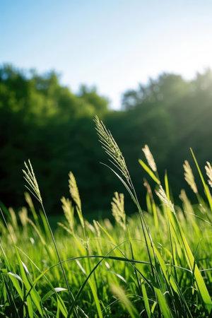 Grass in the meadow on a sunny day. Shallow depth of field.の素材