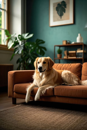Cute golden retriever lying on sofa in living room at homeの素材