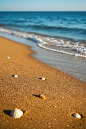 Beautiful sea landscape. Sea shore with sand, shells and waves.の素材