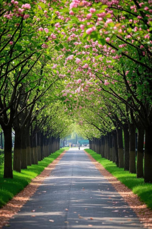 Beautiful alley with blooming trees in the park. Spring landscape.の素材