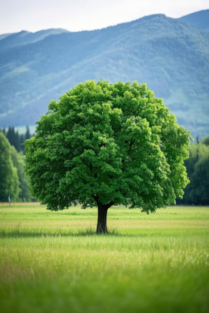 Beautiful green tree in the field with mountains in the background.の素材