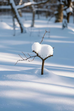 Snow covered tree branch in winter forest. Shallow depth of field.の素材