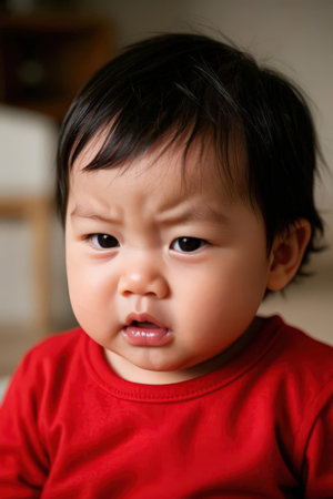 Asian baby boy with red shirt, close-up, shallow depth of fieldの素材