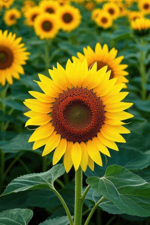Sunflower in the field with green leaf background. Sunflower blooming.の素材