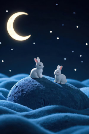 Two white rabbits sitting on the moon in the night. 3D renderingの素材