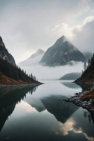 Mountain lake with reflection of mountains in cloudy day, Switzerland.の素材