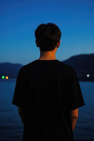 Silhouette of a young man standing by the sea at nightの素材