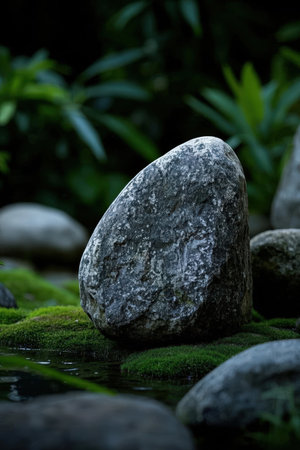 Zen garden with stones and green moss in the rainforest of Japanの素材