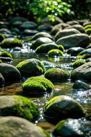 Beautiful green moss on stones in the stream. Nature background.の素材