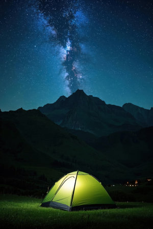 Camping in the mountains under the starry sky with milky wayの素材