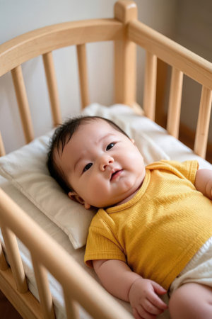 Cute asian baby boy lying in cot, stock photoの素材