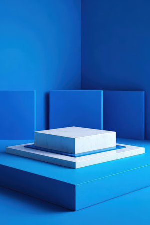 3d rendering of abstract minimal geometric forms. Glossy blue podium for your designの素材