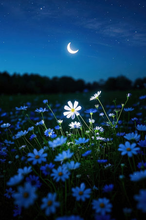 beautiful night landscape with daisies and the moon in the skyの素材