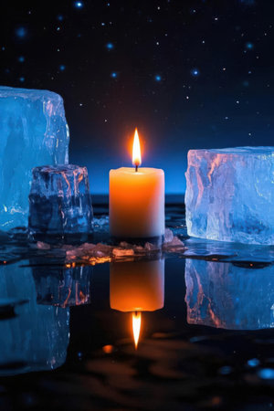 Burning candle in the shape of a heart in the ice.の素材