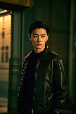 Portrait of a handsome asian man in a black leather jacketの素材