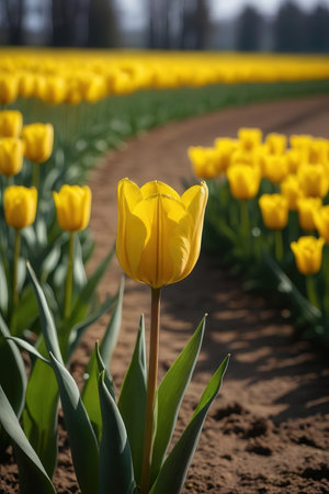 Yellow tulips in a field in Holland, Holland, Netherlands.の素材