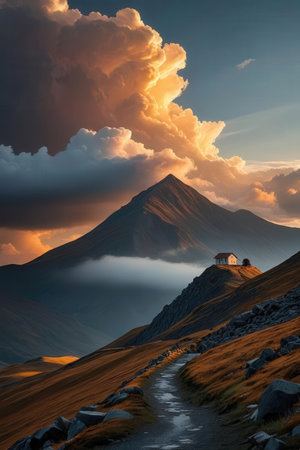 Beautiful sunset in the mountains. Dramatic sky. Carpathian, Ukraine, Europe. Beauty world.の素材