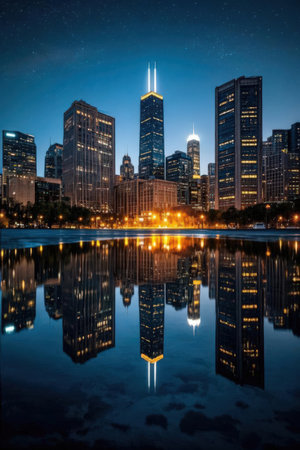 Chicago skyline at night with reflection in lake, Illinois, USA.の素材
