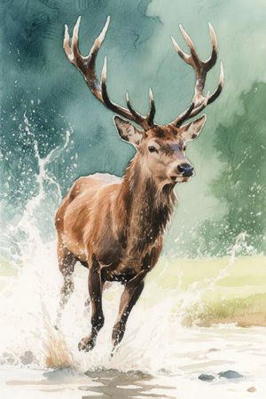 Digital painting of a red deer in water splashes, with copy spaceの素材