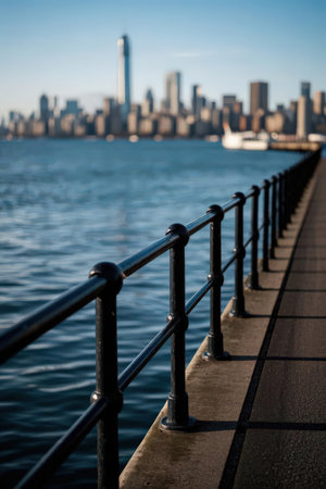 New York City Manhattan skyline panorama with skyscrapers over Hudson River.の素材