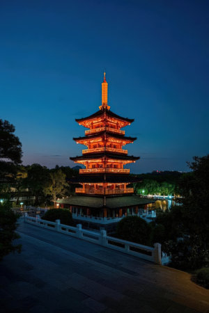 Pagoda at night in Hangzhou, China. Hangzhou is the ancient city of China.の素材