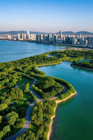Aerial view of Suzhou Jinji Lake, Suzhou Chinaの素材